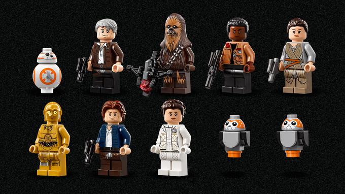 Figurice v novem Milenijskem sokolu: robotek BB-8, Han Solo iz izvirne trilogije Vojna zvezd, Chewbacca, Finn, Rey, C-3PO, Han Solo iz filma Sila se prebuja, princesa Leia in dve bitjeci, ki jim pravijo porgi. | Foto: Lego