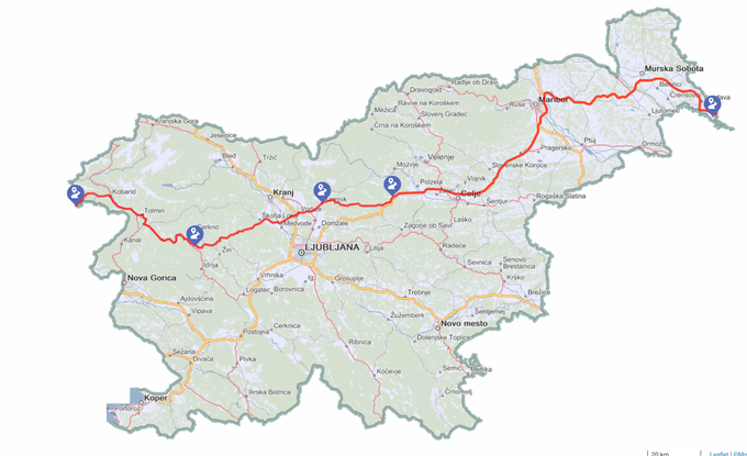 Prečkanje Slovenije od najbolj vzhodnega do najbolj zahodnega naselja. Začrtana pot je dolga 320 kilometrov. | Foto: Najdi Zemljevid