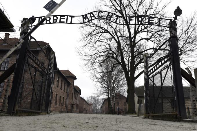 "Delo osvobaja". Napis nad vrati, ki vodijo v koncentracijsko taborišče Auscwitz I, je postal eden od simbolov genocida nad Judi. | Foto: Reuters