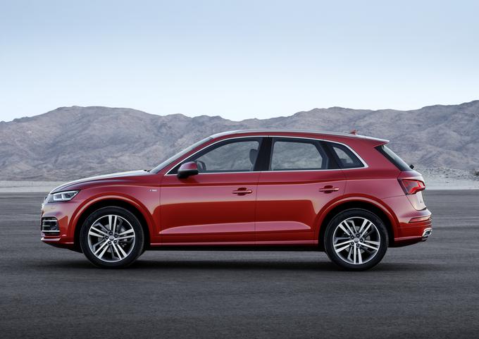 V primerjavi s svojim predhodnikom je novi Q5 v vseh ključnih dimenzijah, razen pri teži. V dolžino po novem meri 4,66 metra, širok je 1,89 metra in 1,66 metra visok. Med osema ima 2,82 metra prostora. Serijsko je avtomobil postavljen na 17-palčna platišča, opcijsko pa so glede na izbrano opremo na voljo še 18-, 19- in 21-palčna platišča. | Foto: Audi