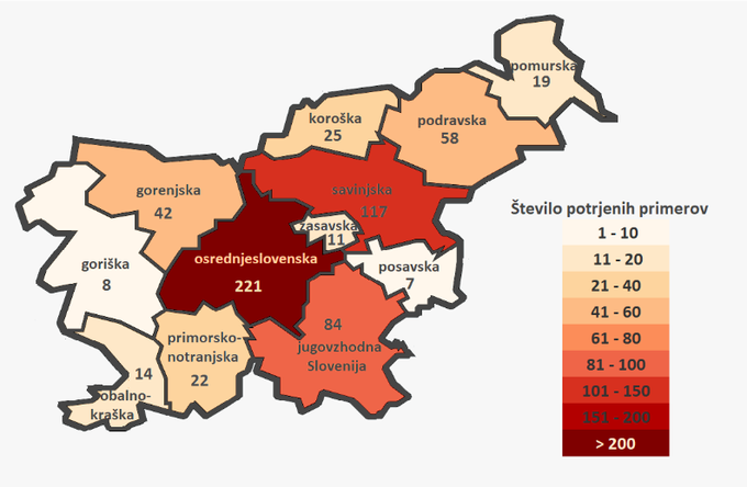 Število obolelih po statistični regiji. | Foto: NIJZ