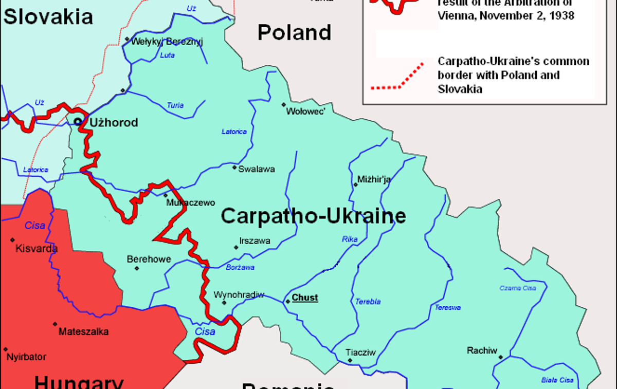 Zemljevid podkarpatske Ukrajine leta 1939 | Zemljevid območja podkarpatske Ukrajine. Rdeča črta kaže ozemlje, ki ga je Madžarska zasedla že novembra 1938. Preostali del podkarptaske Ukrajine je madžarska vojska zasedla marca 1939. | Foto Wikimedia Commons