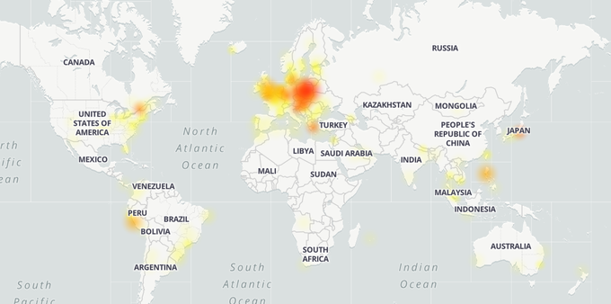 Zemljevid prikazuje območja, kjer so uporabniki poročali o motenem delovanju Facebooka. | Foto: Downdetector.com