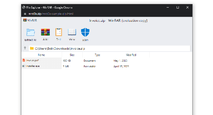 To je spletna stran z zvitim imenom File Explorer - WinRAR, ki računalniško manj pismenemu uporabniku daje vtis, da ima v okolju Windows odprt program WinRAR. Strokovnjak mr.d0x opozarja tudi, da je mogoče, da nič na tej spletni strani ni tako, kot se zdi. Če žrtev poskusa prevare prejme navodilo, da naj na svoj računalnik prenese datoteko Račun.pdf, se lahko zgodi, da je goljuf zgolj zamenjal imena in da se bo na njen računalnik v resnici prenesla izvršilna datoteka .exe ali kaj drugega. | Foto: mr.d0x