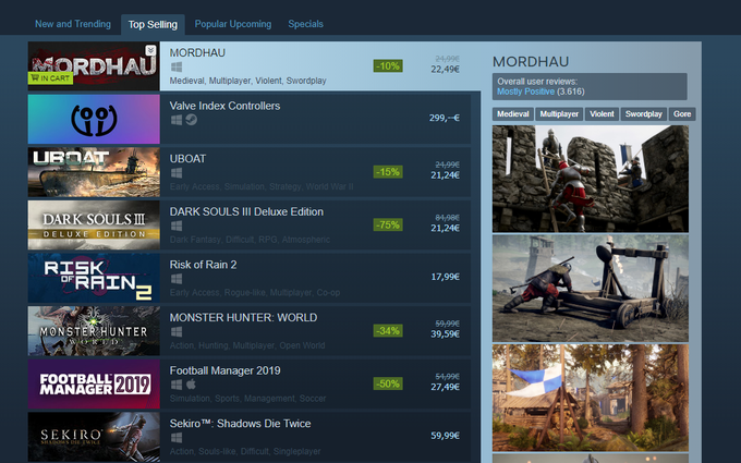 Na Steamu trenutno ni bolje prodajane (Top Selling) računalniške igre od Mordhau. Glede na to, da je Steam z naskokom največja trgovina z računalniškimi igrami na svetu, bi si celo upali trditi, da je Mordhau trenutno najbolje prodajana računalniška igra sploh. | Foto: Matic Tomšič / Posnetek zaslona