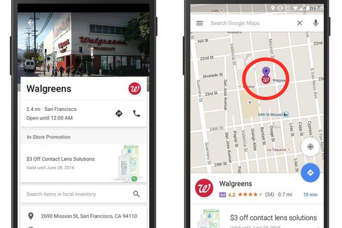 Googlov primer, kako delujejo promocijske bucike: klik na buciko, ki prikazuje logotip ameriškega trgovca Walgreens, razkrije trenutne izdelke v akciji.  | Foto: Google