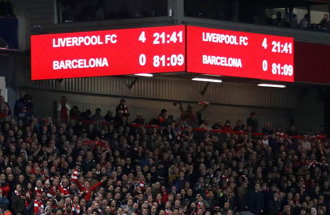 Spomin na nepozabno zmago Liverpoola na Anfieldu proti Barceloni (4:0) iz leta 2019. Prihodnji teden, ko bo na Otoku gostoval Real, bodo tribune kultnega stadiona prazne. | Foto: Reuters