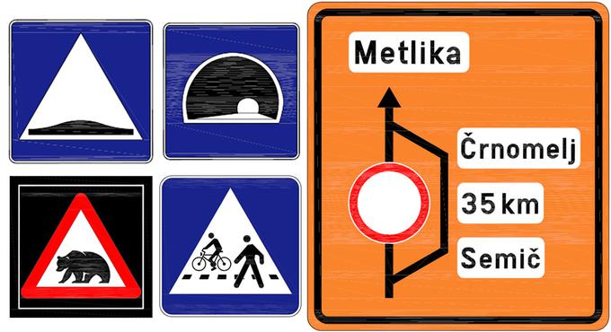 Nova oznaka za izboklino na cestišču (levo zgoraj), oznaka za predor (na sredini zgoraj), nevarnost prečkanja divjih živali za informativne panoje s spremenljivo vsebino (levo spodaj), prehod za pešce in kolesarje (na sredini spodaj) in nova barva tabel za obvoze (skrajno desno). | Foto: 