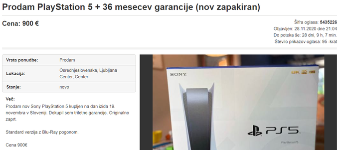 Tudi v Sloveniji smo lahko naleteli na preprodajalce, ki so za sicer 500-evrski PlayStation 5 zahtevali do 900 evrov.  | Foto: Matic Tomšič / Posnetek zaslona