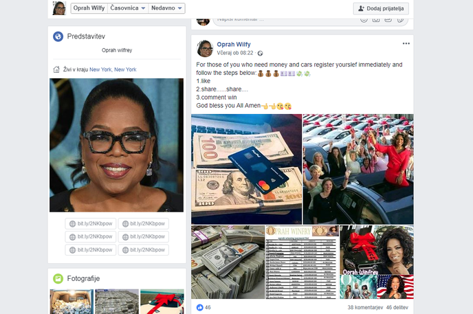 Oprah scam | Če opazite objavo, ki vas želi prepričati, da Oprah Winfrey naključnim uporabnikom Facebooka razdaja svoje premoženje, bodite pozorni na ime profila. Kot v tem primeru bo skoraj zagotovo zapisano narobe.  | Foto Matic Tomšič / Posnetek zaslona