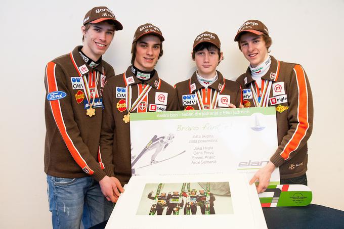 Svetovni prvaki med mladinci 2013: Anže Semenič, Ernest Prišlič, Cene Prevc in Jaka Hvala  | Foto: Sportida