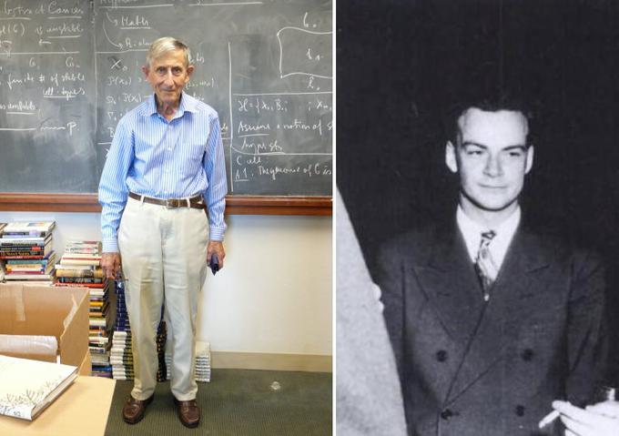 Freeman Dyson (levo) je bil v znanosti še posebej cenjen zato, ker mu je uspelo teorije briljantnega fizika Richarda Feynmana (desno) o tako imenovani kvantni elektrodinamiki združiti oziroma strniti v obliko, ki so jo lahko razumeli tudi drugi fiziki.  | Foto: Thomas Hilmes/Wikimedia Commons