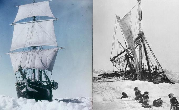 Levo Endurance med poskusom prebijanja morskega ledu, desno med potopom novembra 1915. | Foto: Thomas Hilmes/Wikimedia Commons