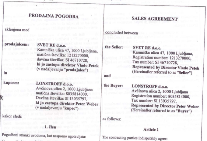 Prodajna pogodba med podjetjem Svet Re in družbo Lonstroff | Foto: 