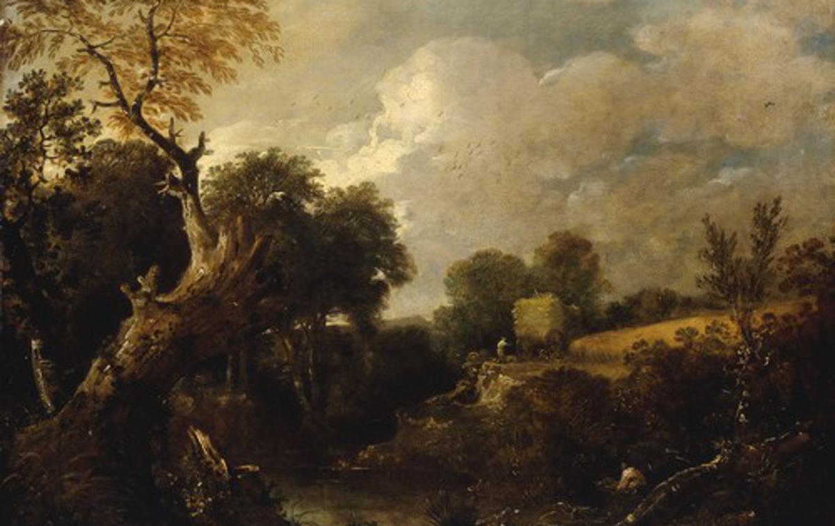oljna skica, John Constable, The harvest field | Oljna skica je ena od dveh, na katerih je umetnik upodobil isti prizor; na drugi je figura spodaj desno naslikana v rdečem plašču, razlikuje se tudi število ptic na nebu. | Foto Profimedia