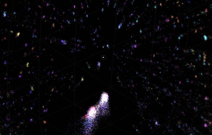 Ko pogled malce oddaljimo, vidimo, da so barvne pičice združene v skupke informacij o zelo sorodnih temah oziroma v galaksije znanja. | Foto: 