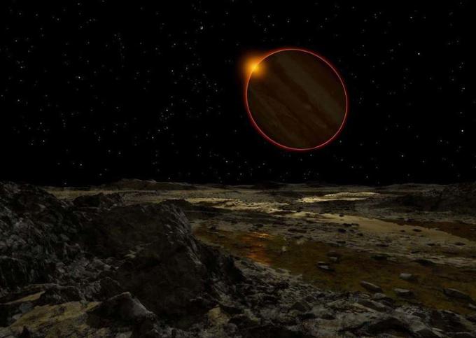 … 550 milijonov kilometrov. Jupiter, največji planet v Osončju, je od zvezde oddaljen kar 780 milijonov kilometrov. Ron Miller je opazovalca Sonca postavil na Evropo, ledeno luno plinastega velikana. | Foto: Ron Miller