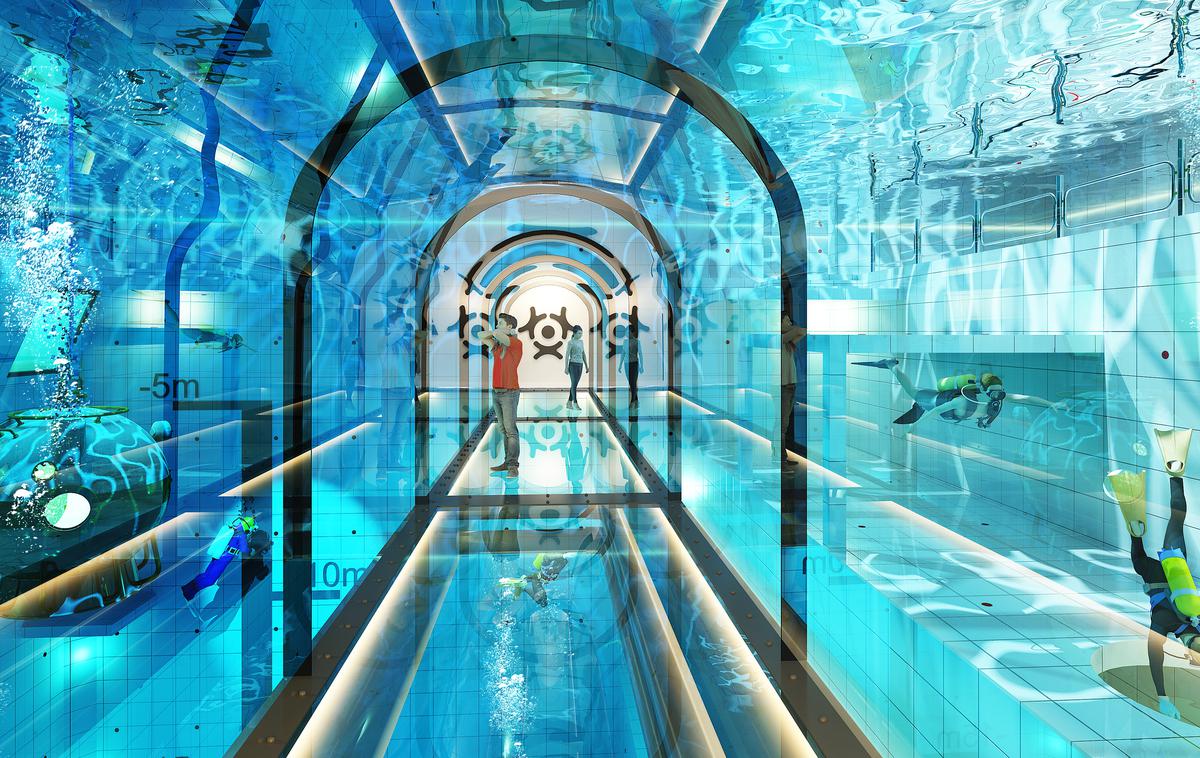 bazen | V novem najglobljem bazenu na svetu, ki ga bodo zgradili na Poljskem in bo globok 45 metrov, se bo mogoče sprehoditi po podvodnih predorih in tako na suhem spremljati vodne aktivnosti. | Foto Cover Images