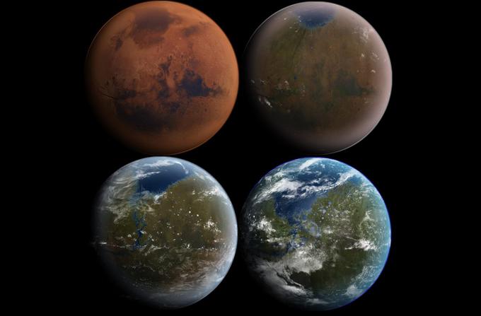Tako bi se med postopkom terraforminga v teoriji lahko spreminjali atmosfera in površje Marsa. | Foto: Wikimedia Commons / Daein Ballard