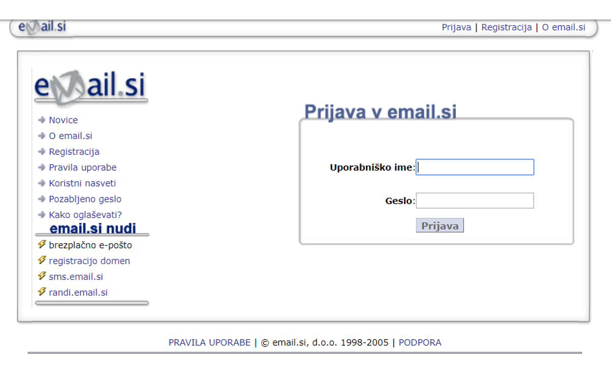 Email.si | Tako je bila videti začetna stran Email.si sredi prejšnjega desetletja. | Foto Matic Tomšič / Posnetek zaslona