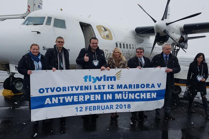 Prvi polet letalskega prevoznika VLM Airlines iz Maribora proti Antwerpnu z vmesnim postankom v Münchnu. | Foto STA