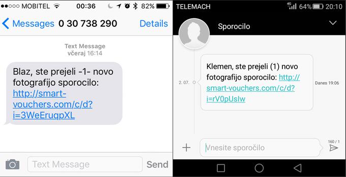 Primera zlonamernih sporočil SMS, ki so jih pred meseci prejeli nekateri slovenski uporabniki.  |  Foto: Varni na internetu | Foto: 