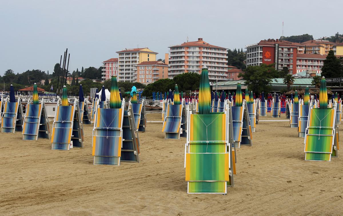 Portorož plaža | Minister za gospodarstvo Zdravko Počivalšek odpiranje manjših turističnih nastanitev pričakuje še v tem mesecu. | Foto Tina Deu