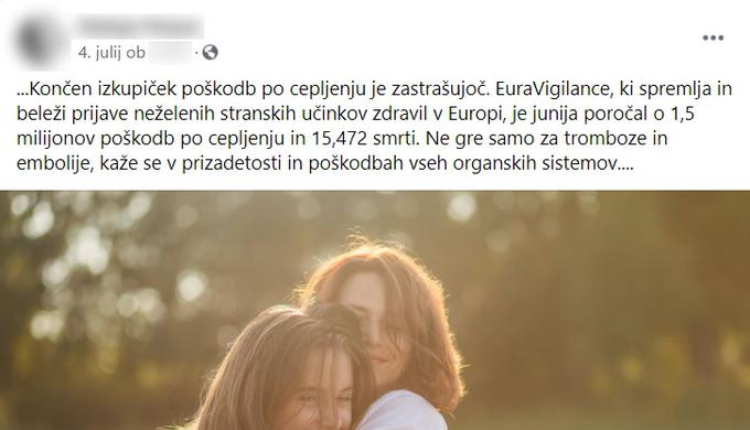 Glede na to, da gre po razlagi Evropske agencije za zdravila za napačno interpretacijo podatkov v bazi EudraVigilance, zapis ni nedolžen. Že izvirno objavo je na Facebooku prek profila Iniciativa slovenskih zdravnikov delilo več kot 1.300 uporabnic in uporabnikov, prek nadaljnjih delitev pa je ta številka še precej višja.  | Foto: Matic Tomšič / Posnetek zaslona