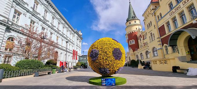 Cvetlična žoga, ki jo je podjetje Zelenice postavilo na Krekovem trgu pred začetkom evropskega nogometnega prvenstva EURO U-21 v Celju. (Foto: Gregor Katič)  | Foto: 