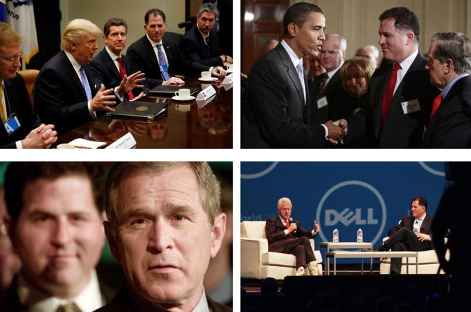 Michael Dell se kot eden najvplivnejših direktorjev v ZDA in na svetu tudi redno znajde v družbi najvplivnejšega ameriškega politika. Družil se je z zadnjimi štirimi predsedniki ZDA - Billom Clintonom, George Bushem mlajšim, Barackom Obamo in Donaldom Trumpom.   |  Foto: Matic Tomšič/Reuters | Foto: 