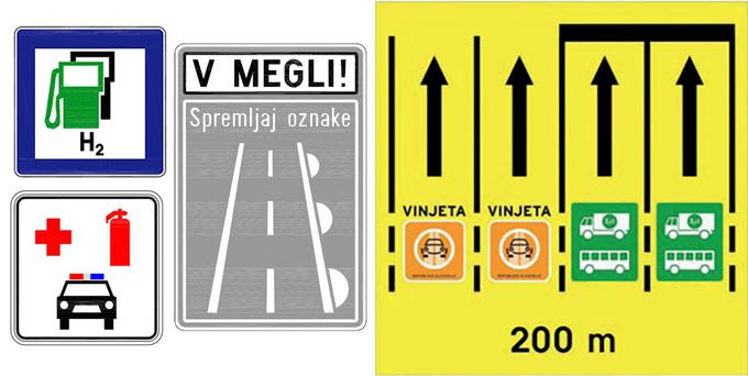 Pravilnik o prometni signalizaciji že predvideva označbo polnilnic z vodikom kot gorivom za gorivne celice (levo zgoraj), nevarnost pred meglo (na sredini, ta znak pri Domžalah že stoji), novo oznako za intervencijski prehod (levo spodaj, nadomešča dozdajšnjo kapljico), pred cestninskimi postajami bodo morali biti jasno označeni posamezni pasovi glede na plačilo cestnine (desno). | Foto: 