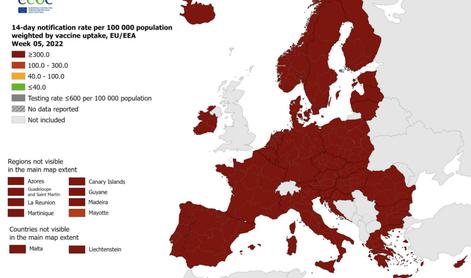 Zemljevid ECDC: Slovenija kljub boljšim številkam ostaja temno rdeča