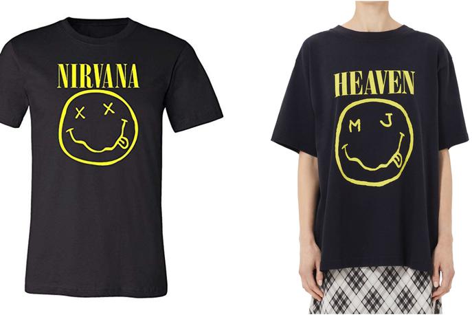 Nirvana, Marc Jacobs | Levo: majica z originalnim Nirvaninim logotipom. Desno: majica iz kolekcije Redux Grunge Collection znamke Marc Jacobs.