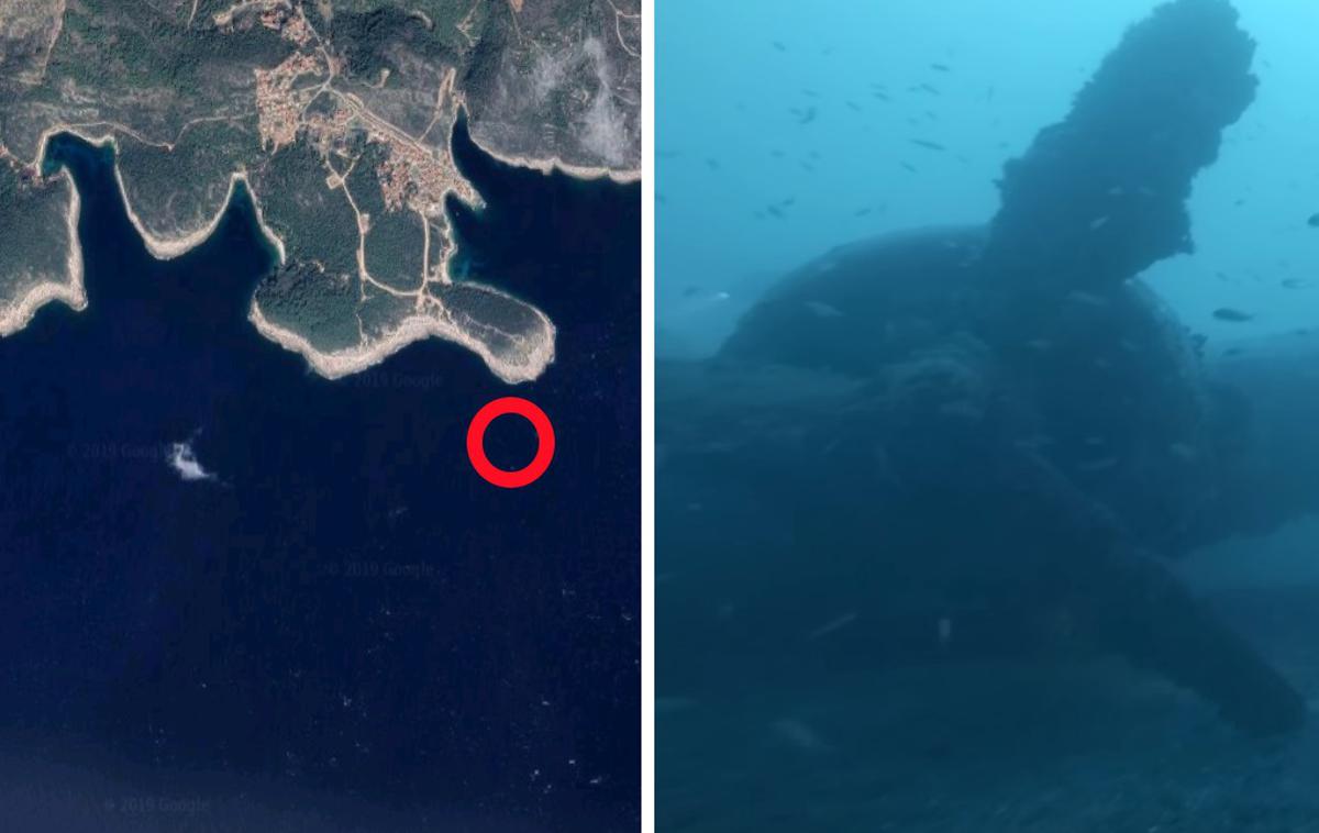 Vis, razbitina | Približna lokacija ob obali otoka Vis, kjer je mogoče videti eno najbolje ohranjenih razbitin bombnika B-17 na svetu. | Foto Matic Tomšič / Posnetek zaslona