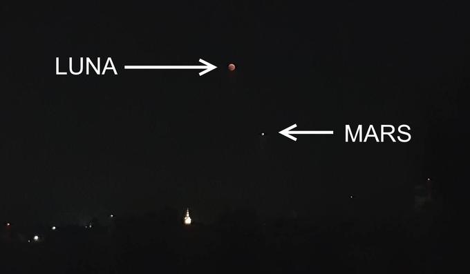 Takole jasno je bil Mars viden med julijskim popolnim Luninim mrkom. Mars se na tej fotografiji sicer zdi večji, kot je bil videti v resnici, saj je bila fotografija ustvarjena s pametnim telefonom in z digitalno povečavo, kar poslabša njeno kakovost. Luna je bila med mrkom tudi prekrita z Zemljino senco in zato temnejša, zaradi česar je na fotografiji ob Marsu videti manjša kot sicer. Obenem je bila Luna v času mrka še v tako imenovanem apogeju, ki označuje točko, na kateri je Luna od Zemlje oddaljena najbolj in se zatorej zdi še manjša. | Foto: Matic Tomšič