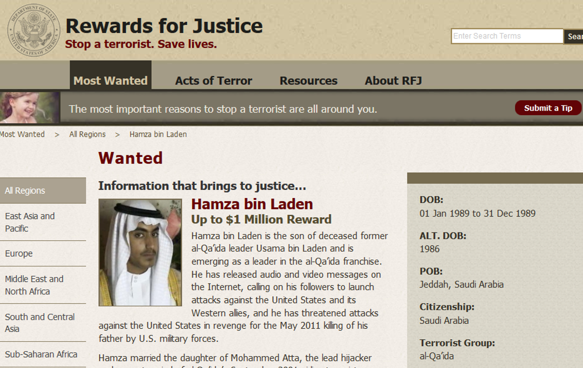Hamza Bin Laden | Objava ameriških pravosodnih organov, v kateri za informacije o Hamzi bin Ladnu ponujajo milijonsko nagrado. | Foto Rewardsforjustice.net