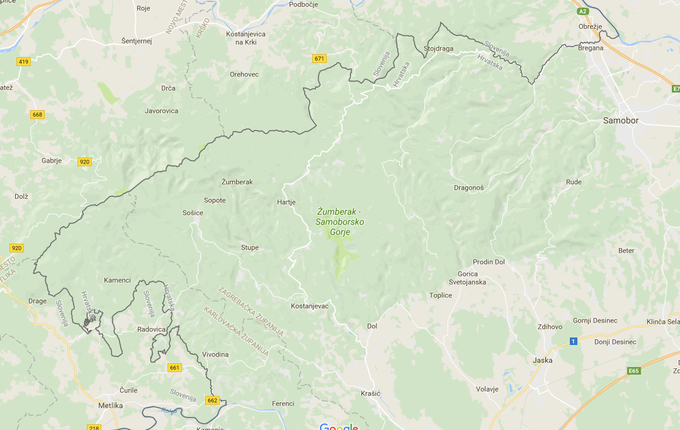 Območje Žumberka (hrv. Žumberak). | Foto: Google Zemljevidi
