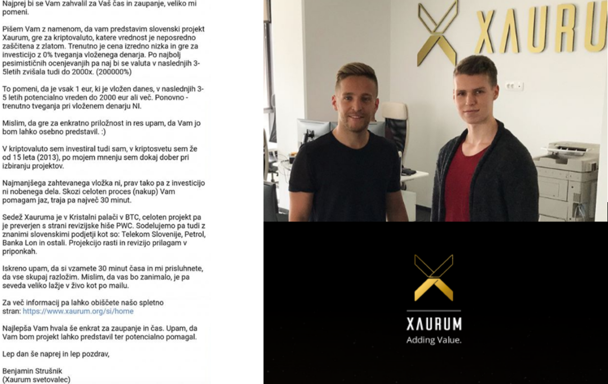 Xaurum | Levo sporočilo, ki ga je poslal Benjamin Strušnik, desno zgoraj Benjamin Strušnik (desno) in "xaurumovec" Klemen Nicoletti (levi) na sedežu projekta Xaurum v Ljubljani, desno spodaj logotip projekta Xaurum. | Foto Posnetek zaslona / Instagram