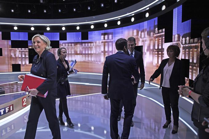 Marine Le Pen je v debati zagovarjala uvedbo paralelnih valut - evra in franka. Francozi bi doma plačevali s franki, za mednarodne transakcije pa bi še vedno uporabljali evre. Za Macrona je to neumna zamisel in dodal, da ima lahko Francija le eno valuto. Evro je denar bankirjev, ne ljudi, je prepričana Marine Le Pen. Meni tudi, da je uvedba evra kriva za deindustrializacijo Francije. Macron nasprotno krivdo za deindustrializacijo vidi v nepripravljenosti za reforme. Le Penova je na soočenju tudi napovedala, da bo v primeru zmage na predsedniških volitvah septembra letos razpisala referendum o izstopu Francije iz EU.  | Foto: Reuters