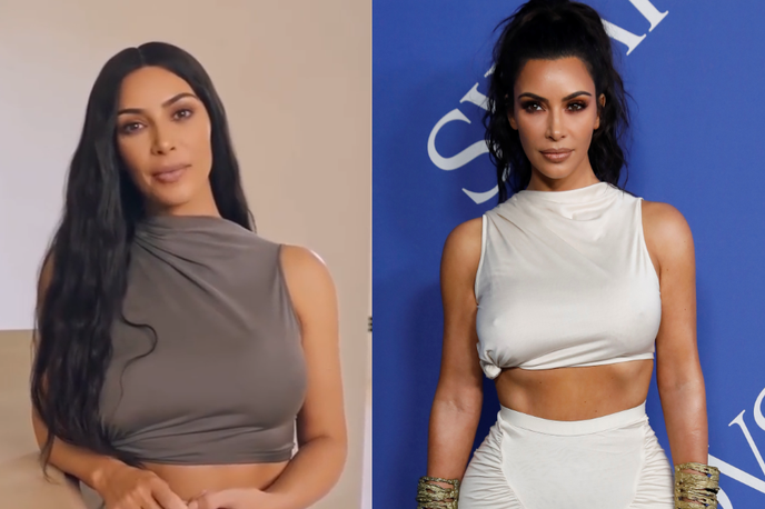 Kim Kardashian | Levo "ponarejena", desno "resnična" Kim Kardashian. Nekdo, ki njenih dogodivščin na televiziji ne spremlja prav pogosto, bi težko uganil, da je na levi sliki njen obraz sestavil in ji besede v usta polagal računalniški algoritem. | Foto Matic Tomšič / Reuters