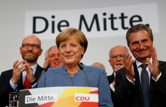 Angela Merkel, obkrožena z vodilnimi člani CDU, po volitvah na zunaj slavi. A prave težave zanjo šele prihajajo. Po volitvah bodo namreč njeni nasprotniki znotraj stranke glasnejši. Ti kritiki v Merklovi vidijo glavnega krivca, da je stranka na desni z AfD dobila resnega tekmeca.
Ti nezadovoljni člani CDU bodo verjetno začelo resno iskanje njenega naslednika ali naslednice, ki bo stranko popeljal na naslednje redne ali predčasne volitve. | Foto: Reuters