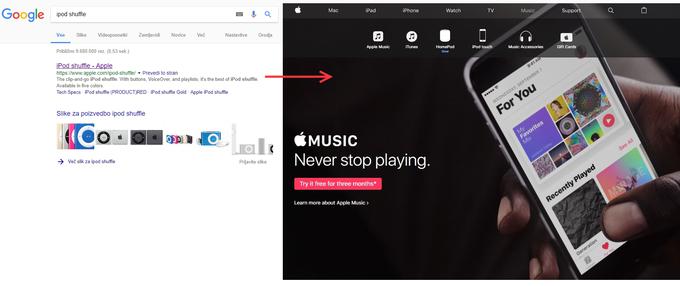 Če v spletni iskalnik od vpišemo "iPod Nano" ali "iPod Shuffle", se bosta še sicer vedno prikazali povezavi do obeh naprav na Applovi spletni strani, a klik na eno ali drugo bo uporabnika odpeljal na Applovo domačo stran oziroma na spletno stran glasbene storitve Apple Music. | Foto: Matic Tomšič