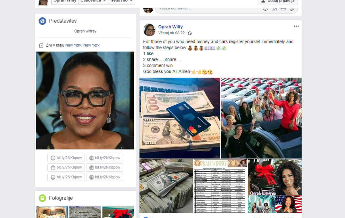 Oprah scam | Če opazite objavo, ki vas želi prepričati, da Oprah Winfrey naključnim uporabnikom Facebooka razdaja svoje premoženje, bodite pozorni na ime profila. Kot v tem primeru bo skoraj zagotovo zapisano narobe.  | Foto Matic Tomšič / Posnetek zaslona