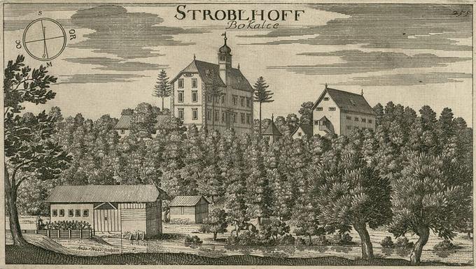 Valvasorjev bakrorez dvorca Bokalce oz. takratnega Stroblhoffa iz leta 1679. | Foto: 