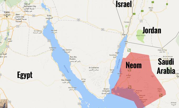 Mesto bo zgrajeno na 26.500 kvadratnih metrih v bližini Rdečega morja, v prihodnosti pa naj bi segalo tudi čez meje Egipta in Jordanije. | Foto: Google Zemljevidi
