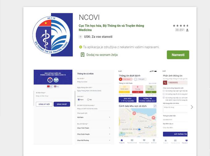 Vietnamska mobilna aplikacija za sporočanje o epidemiji | Foto: S. C. (zajem zaslona)