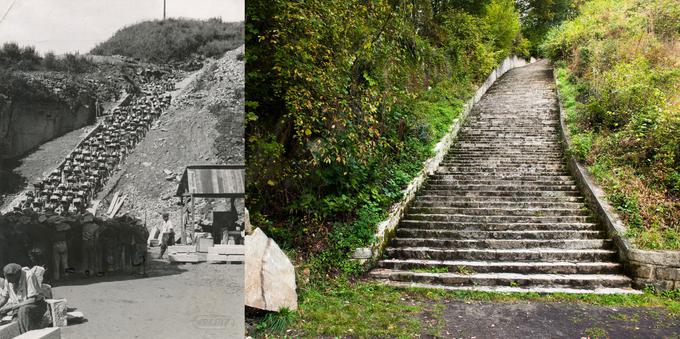 Levo tako imenovane stopnice smrti med drugo svetovno vojno (po njih se vzpenja kolona Judov, ki so bili zaprti v koncentracijskem taborišču Mauthausen), desno stopnice danes. | Foto: Thomas Hilmes/Wikimedia Commons