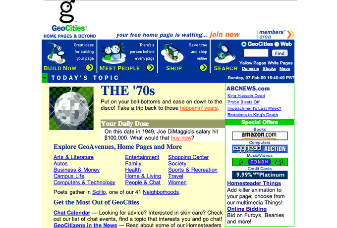 Naslovnica portala GeoCities februarja 1999 | Foto: Yahoo! | Foto: 