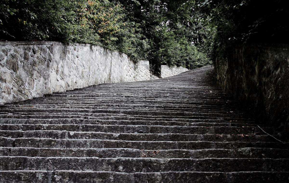 Mauthausen, holokavst | 186 stopnic, po katerih so morali interniranci v koncentracijskem taborišču Mauthausen vsakodnevno čim hitreje nositi 50-kilogramske skale, sami pa so v povprečju tehtali samo okrog 40 kilogramov. Stopnic jih ogromno ni preživelo. | Foto Flickr/Ramón Cutanda López/ javna domena CC 2.0
