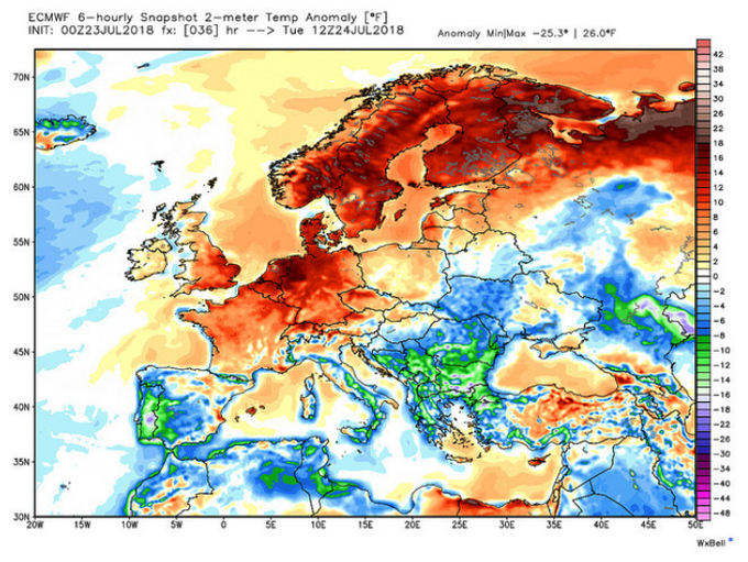 Visoke temperature so zajele večji del Evrope, letos niso izostale niti severne države. | Foto: WxBell
